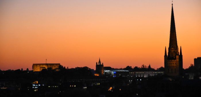 RP Norwich skyline at sunset Norfolk shutterstock_1199478226 | Garrington East Homes for sale Norwich Golden Triangle